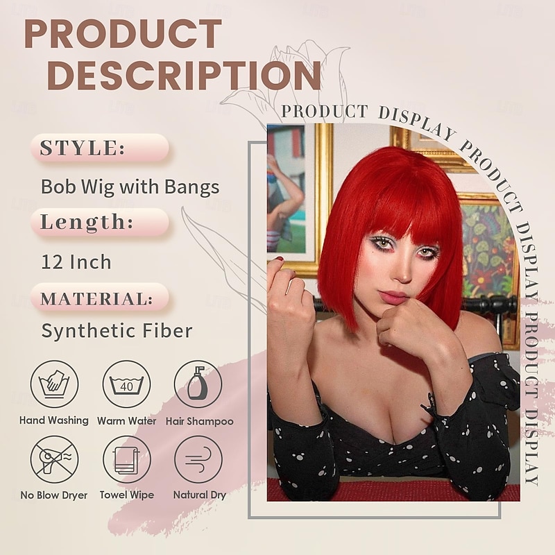 Bob Wig with Bangs Short Wig with Bangs for WomenNatural Looking Short Wigs, Straight  Hair Wig Colored Wig for Cosplay,Christmas Party Wigs2