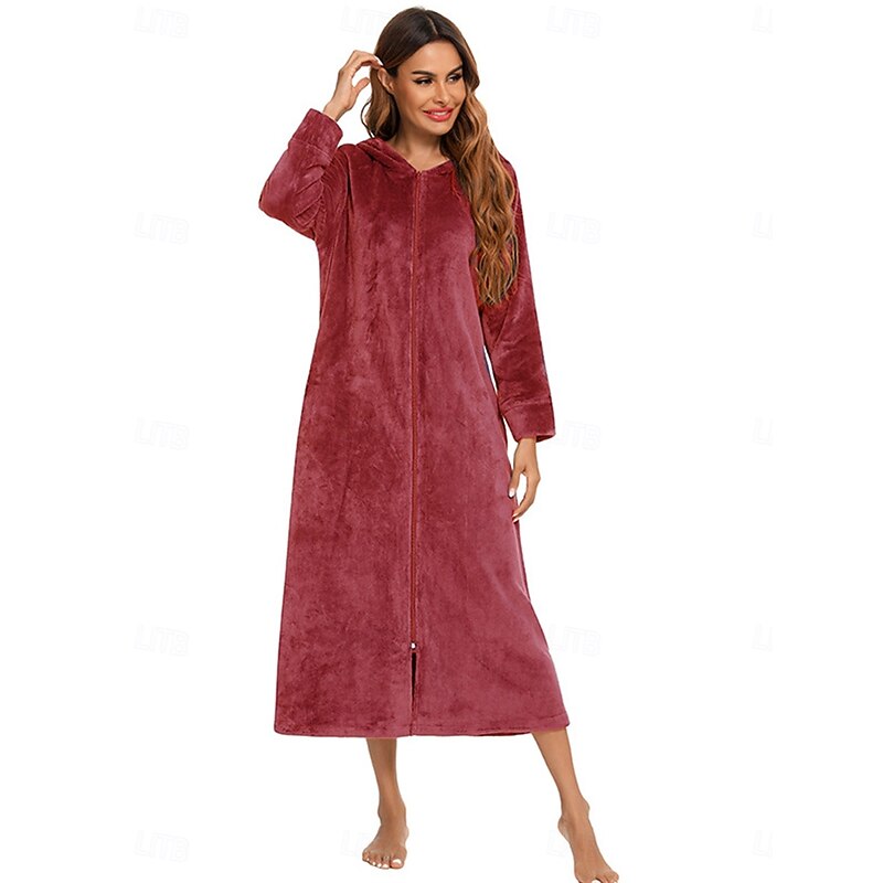 Women's Pajamas Pure Color Fashion Simple Home Fleece Warm Long Sleeve Robe Top Fall Winter Home Outfits4