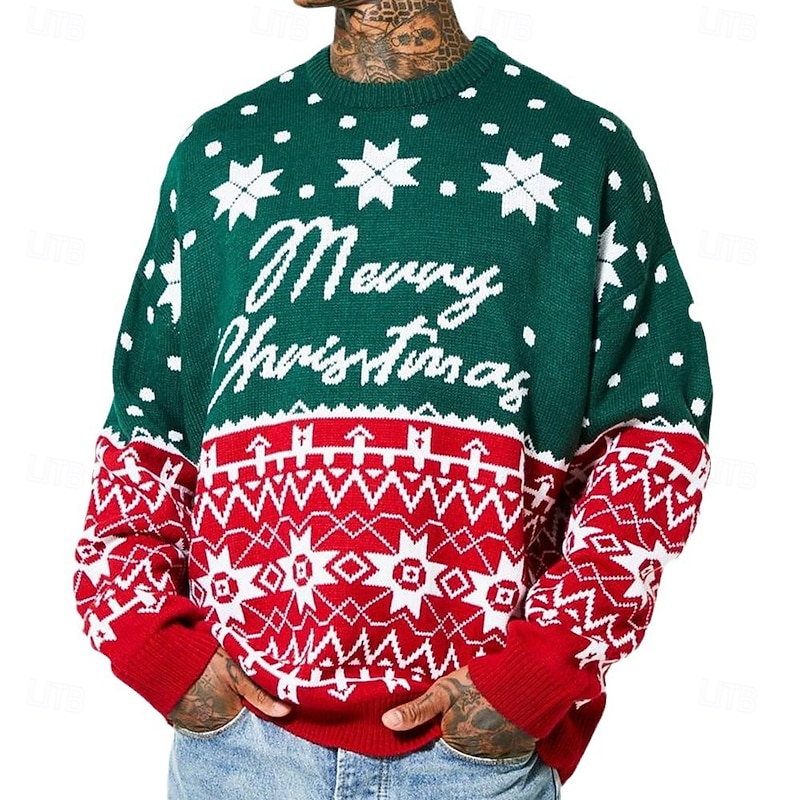 Christmas Men's Snowflake Pullover Sweater Jumper Knitwear Crewneck Casual Vacation Home Street 3D Print Knitting Keep Warm Long Sleeve Spring Fall Winter Red -1 Red -23