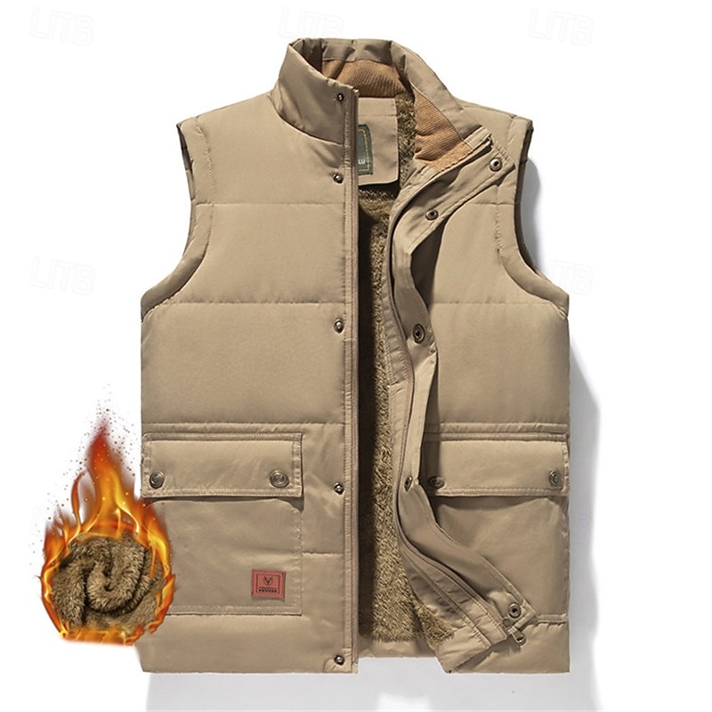 Men's Quilted Vest Daily Casual Fall & Winter Pocket Polyester Comfortable Solid Color Zipper Stand Collar Black Khaki Army Green Dark Blue Vest3