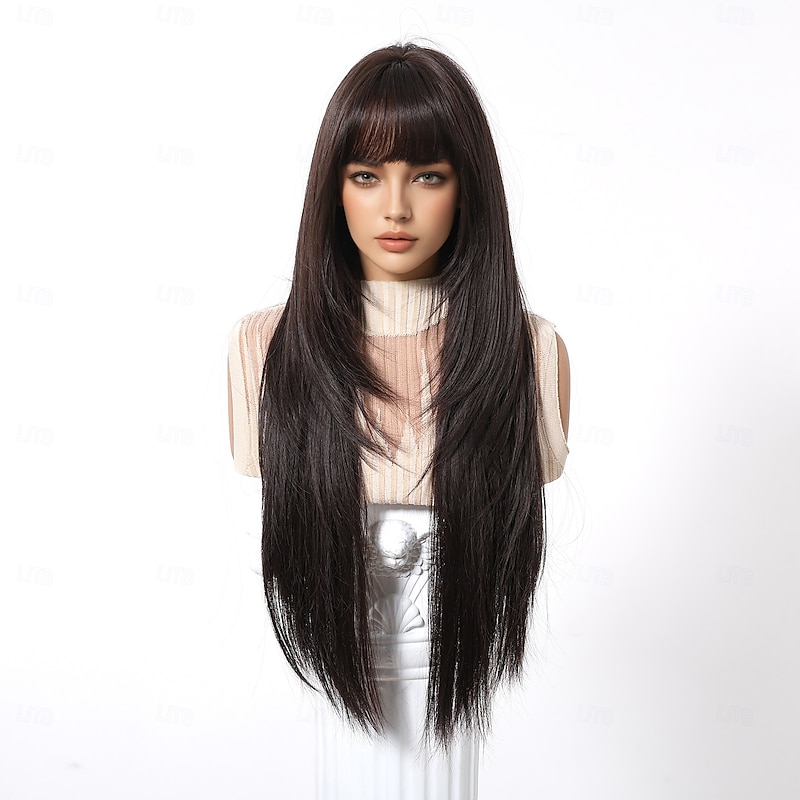 Synthetic Wig Uniforms Career Costumes Princess Straight kinky Straight Middle Part Layered Haircut With Bangs Machine Made Wig 30 inch Dark Brown Synthetic Hair Women's Cosplay Party Fashion Dark3