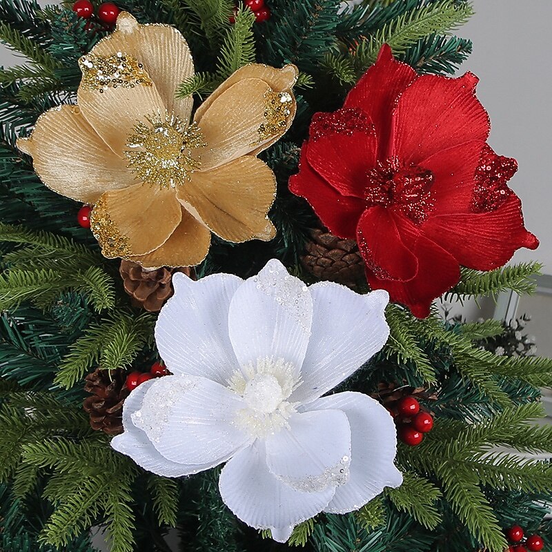 1 Branch  Glitter Christmas Flower,  Artificial Floral Pick for Xmas Tree & Holiday Arrangement Decoration