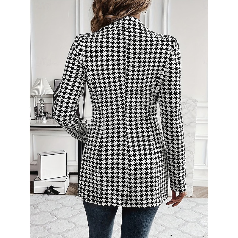 Women's Blazer Outdoor Print Check Breathable Stylish Regular Fit Outerwear Long Sleeve Fall Black S4
