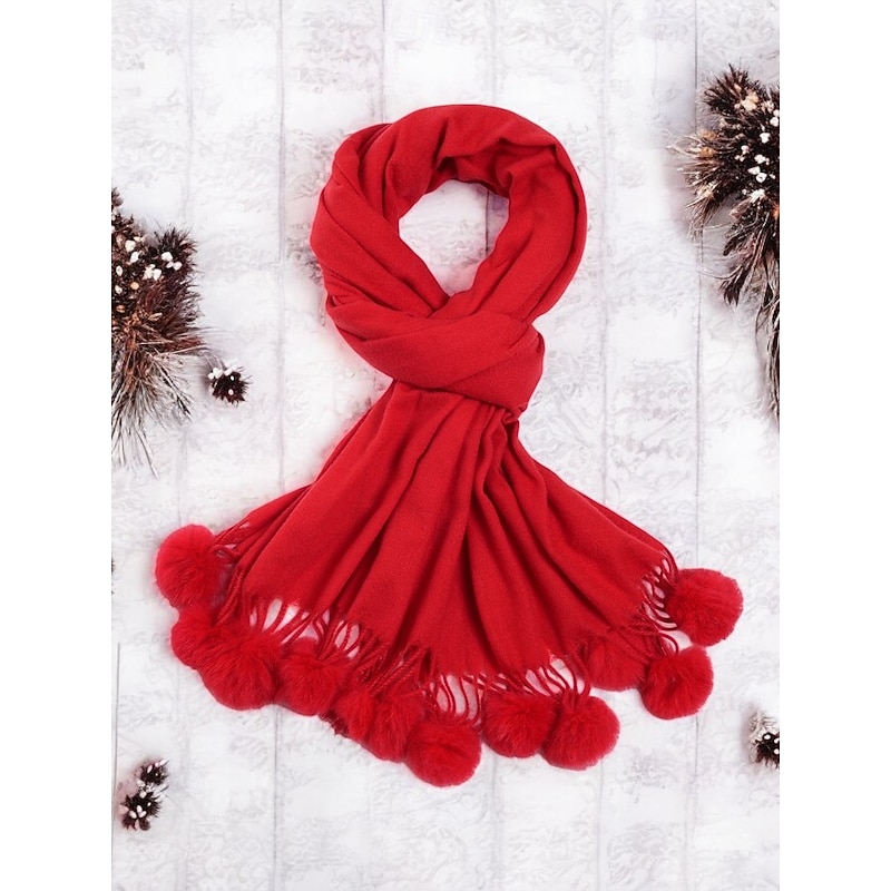 Women's Red Winter Scarf with Pom Pom Tassels – Cozy and Stylish Wrap for Cold Weather and Holiday Outfits4