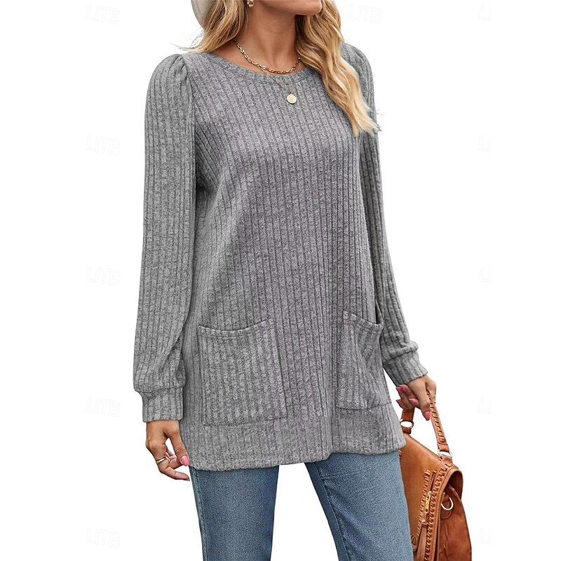 Women's T Shirt Plain Fashion Modern Casual Long Sleeve Crew Neck Regular Tops Daily Weekend Pocket Army Green Brown Gray Fall Winter3