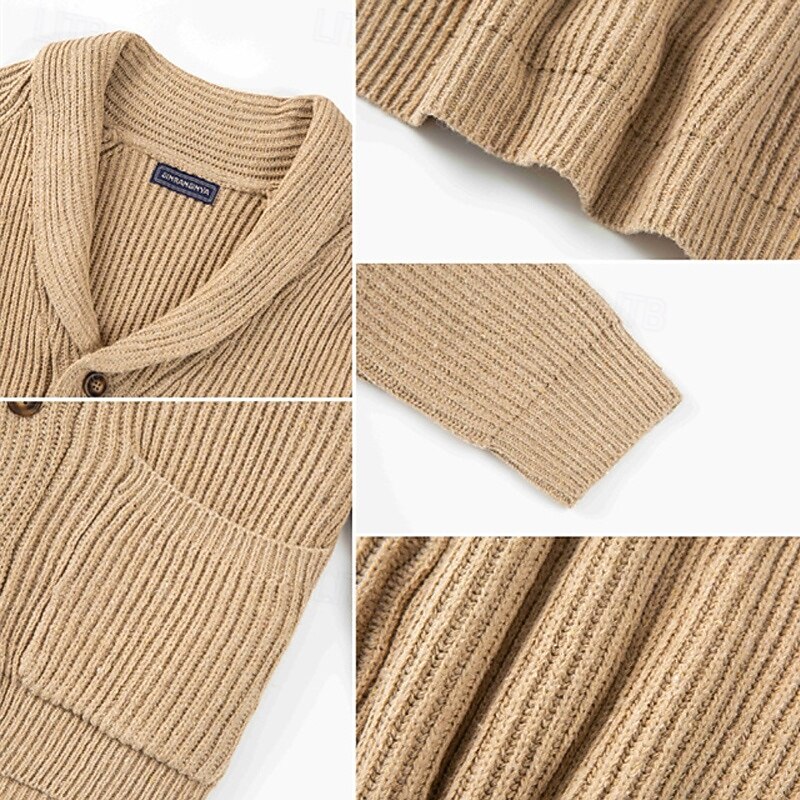 Men's Cardigan Sweater Cropped  Sweater Knit Sweater Ribbed Knit Regular Pocket Solid Color Shawl Collar Fashion Classic Daily Wear Date Clothing Apparel Fall & Winter khaki M L XL3