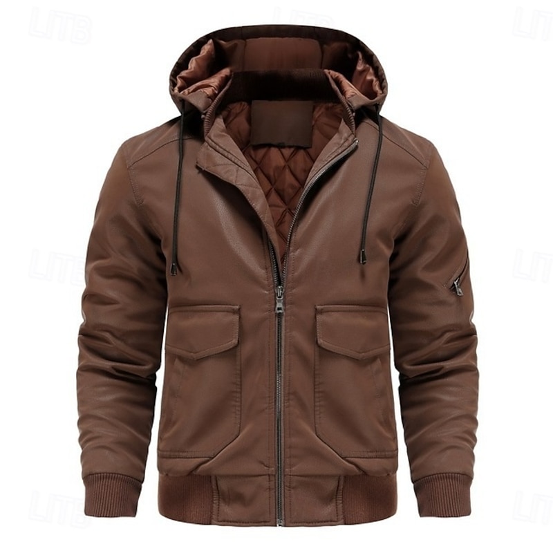 Men's Faux Leather Jacket Hoodied Jacket Motorcycle Jacket Home Office Windbreaker Pocket Detachable Hood Winter Spring &  Fall Color Block Vintage Classic Style Regular Black Brown Jacket2