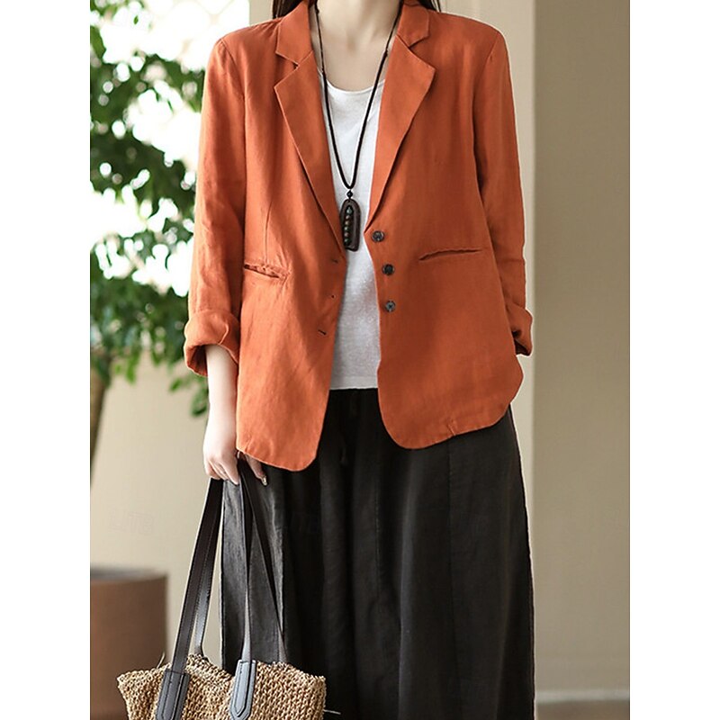 Women's Blazer Work Button Solid Color Breathable OL Style Regular Fit Outerwear Long Sleeve Fall Orange M3