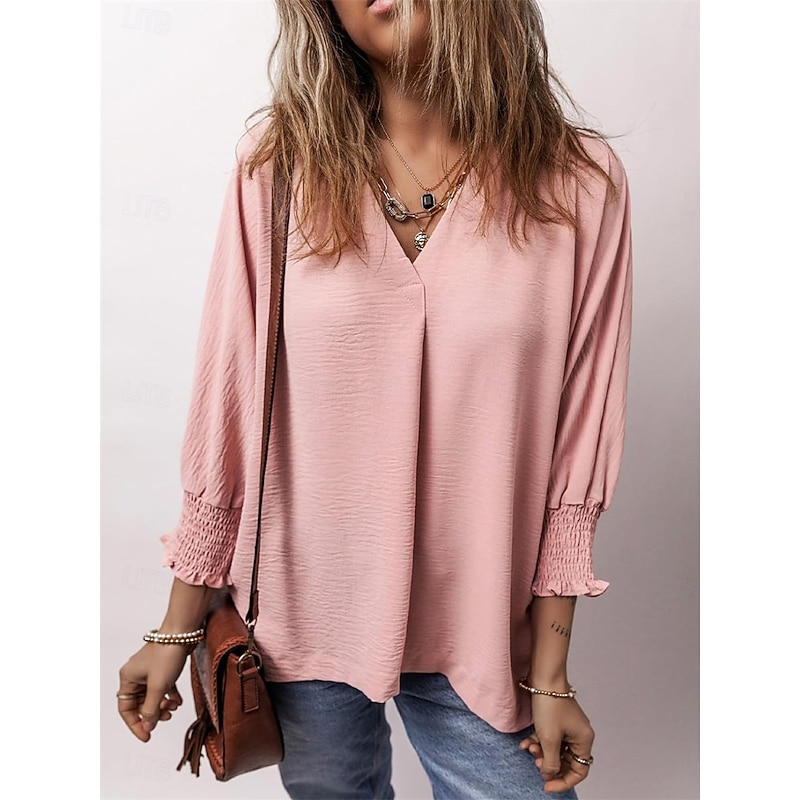 Women's Shirt Blouse Solid Color Basic Casual Long Sleeve V Neck Regular Tops Daily Patchwork Buttons Pink Blue Beige Fall Winter4