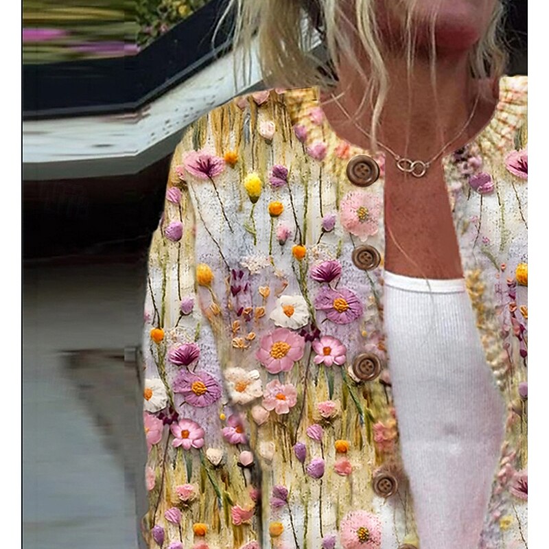 Women's Cardigan Sweater Knitted Ribbed Button Front Round Neck Long Sleeve Lightweight female Daily Floral Graphic Crew Neck Print Regular Tops Knit Weekend Yellow Fall Winter3