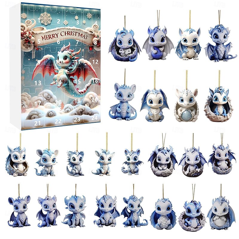 2025 Christmas Advent Calendar, Realistic Funny Cute 2D Dragon Figurine Set Decor, Xmas Holiday 24 Days Countdown Calendar Home Decoration, Christmas Gift for Teens Adults