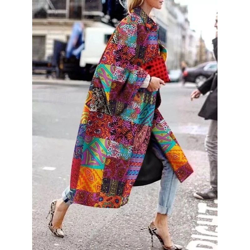 Women's Blazer Office Work Street Fall Winter Long Coat Loose Fit Thermal Warm Comtemporary Stylish Casual Jacket Long Sleeve Print Floral Print Red Blue Green