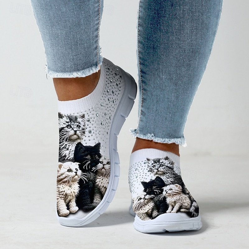 Women's Cute Cat Print Sneakers – Cozy Slip-On Shoes with Adorable Kitten Design for Everyday Casual Wear