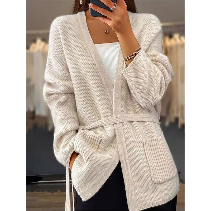 Women's Sweater Cardigan Casual Soft Pure Color Ribbed Open Front Pocket Knitted Long Sleeve Regular Tops Knit Outdoor Daily Weekend Green Beige Fall Winter3