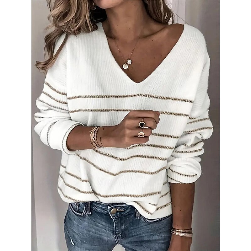 Women's Sweater Pullover Sweater Jumper Casual Soft Striped Ribbed V Neck Knitted Long Sleeve Regular Tops Knit Outdoor Daily Weekend Khaki Gray Fall Winter3