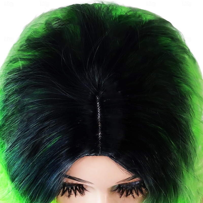 14" Ombre Green Short Bob Wavy Curly Wig, Lime Neon Green Heat Resistant Synthetic Wig for Cosplay, Shoulder Length Middle Part Wig for St Patrick's Day Daily Costume Party St.Patrick's Day Wigs4