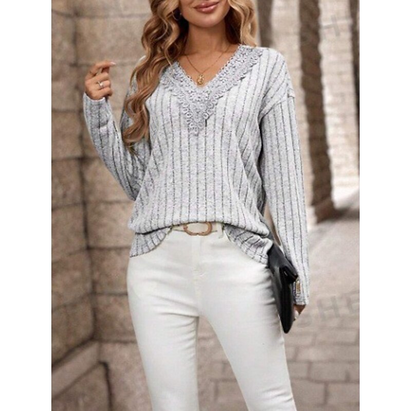 Women's Elegant Lace Tops Eyelet Blouse Casual Solid Color Regular Tops Long Sleeve V Neck Lace Regular Fit Daily Gray Romantic Petite Tops Summer Holiday Wear Semi Formal Blouses4