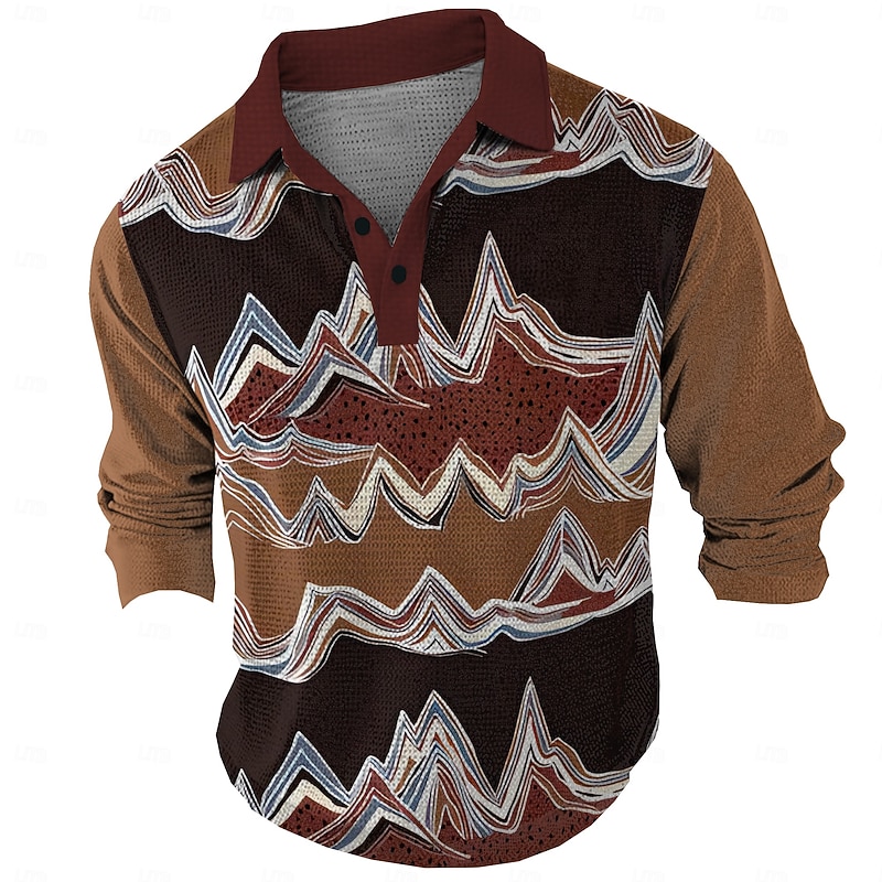 Men's Geometric Waffle Polo Shirts Long Sleeve Polo Shirts Collar Vintage Casual Vacation Party Evening Wear Dailywear Buttons 3D Print Spring Fall Winter Brown2