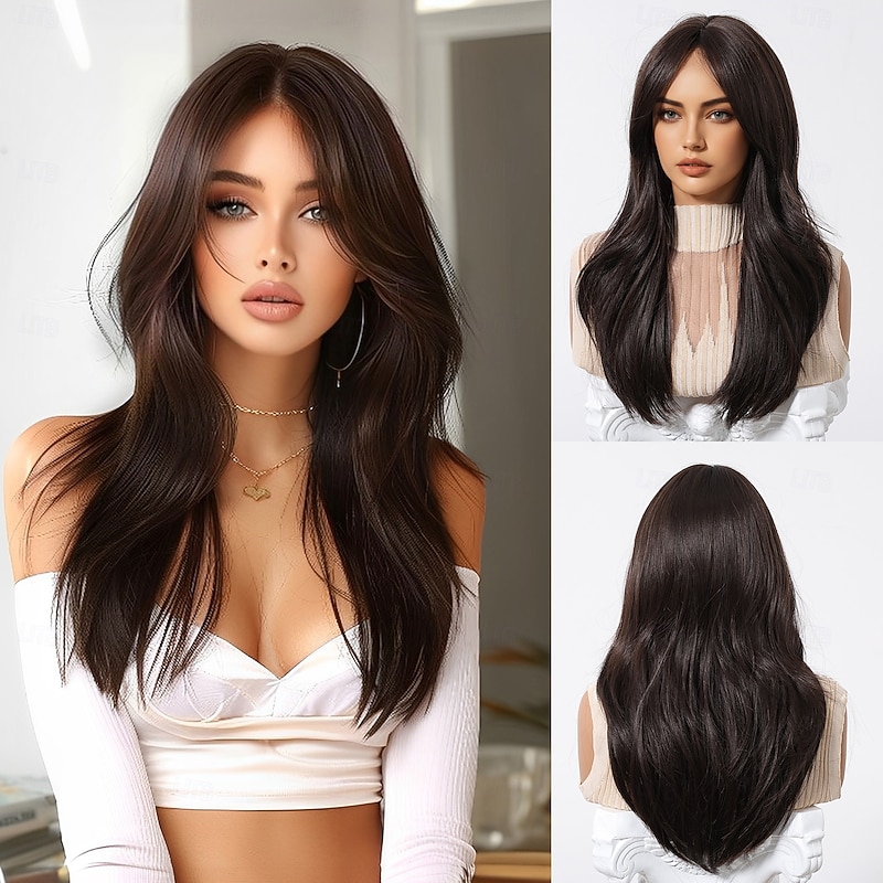 Synthetic Wig Uniforms Career Costumes Princess Straight kinky Straight Middle Part Layered Haircut Machine Made Wig 22 inch sepia Synthetic Hair Women's Cosplay Party Fashion Dark Brown