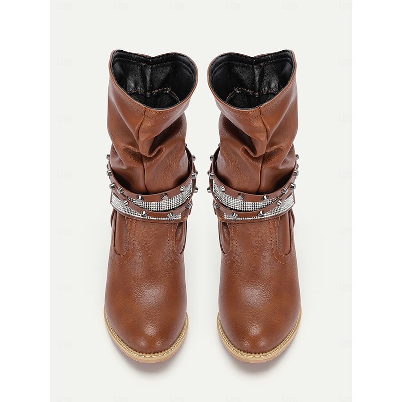 Women's Brown Slouchy Mid-Calf Boots with Studded Straps and Rhinestone Embellishments – High Heel Western Style for Party and Casual Wear 5