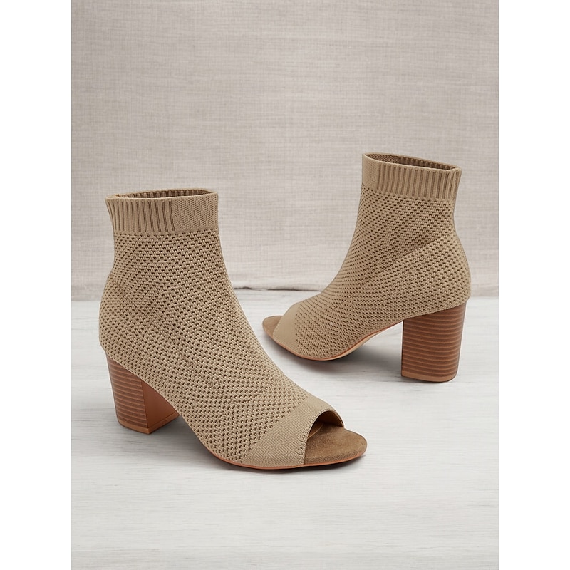 Women's Beige Knitted Peep Toe Ankle Boots – Chunky Heel Sock Booties for Casual Spring and Fall Outfits3