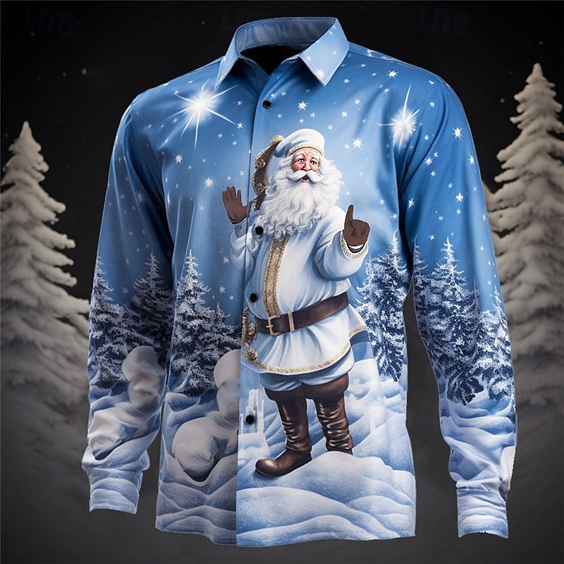 Men's Santa Claus Shirt Long Sleeve Casual Christmas Daily Wear Going out Fall & Winter Turndown Print Button-Down Gray+Purple Red+Pink Light Blue Yellow Red