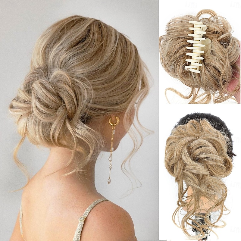 Messy Bun Hair Piece Claw Clip Synthetic Chignon Tousled Updo with Tendrils Hair Extensions Hair Bun Curly Wavy Faux Hair Bun Hair Scrunchies Hair Accessories for Women2
