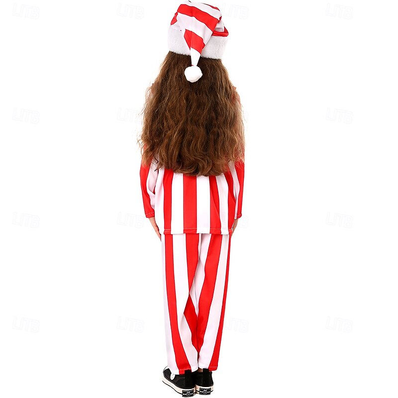 Candy Cane Sleepwear Christmas Pajamas Girls' Cosplay Costume Kid's Christmas New Year Christmas Eve Christmas Party Top Pants Hat4