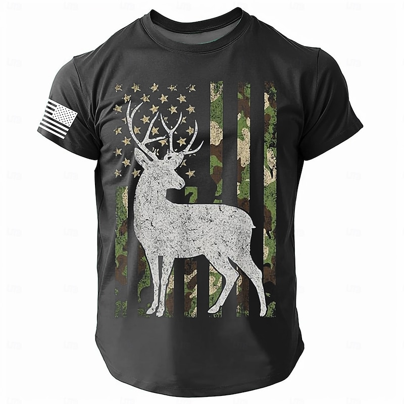 Men's American US Flag Deer T Shirt Short Sleeve T shirt 3D Print Crew Neck Shirt Fashion Athleisure Street Sports Outdoor Daily Black Blue Summer Spring Clothing Apparel S M L XL XXL XXXL