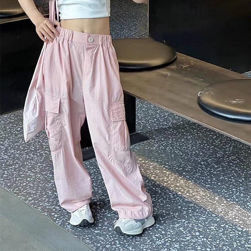 Kids Girls' Trousers Solid Color Streetwear Pocket School 4 years+ Spring Pink Beige Gray