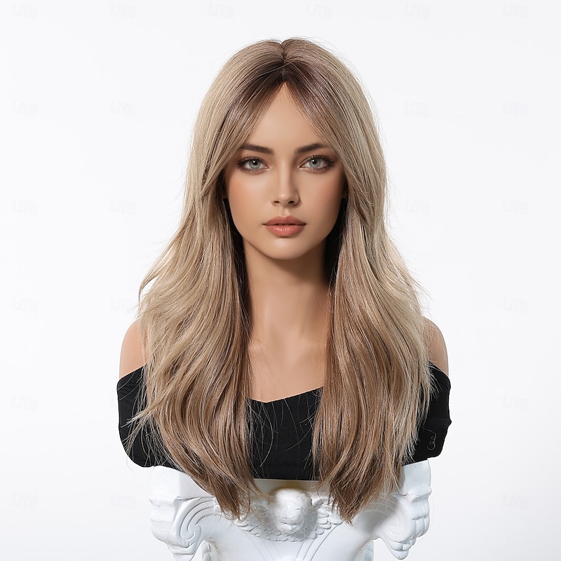 Synthetic Wig Uniforms Career Costumes Princess Straight kinky Straight Middle Part Layered Haircut Machine Made Wig 22 inch Rose Gold Synthetic Hair Women's Cosplay Party Fashion Blonde