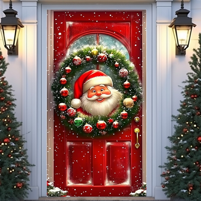 Christmas Door Decorations Door Covers Xmas Santa Claus Wreath Door Tapestry Door Curtain Decoration Backdrop Indoor/Outdoor Door Banner for Front Door Farmhouse4