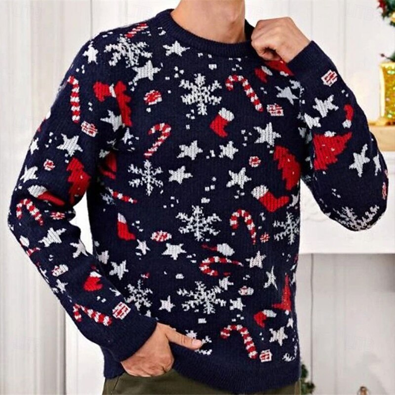 Ugly Christmas Sweater Men's Sweaters Letter Snowflake Knitting Print Pullover Jumper New Years Eve Sweater Outdoor Daily Long Sleeve Crewnecks Navy Blue Blue Fall Winter S M Ls