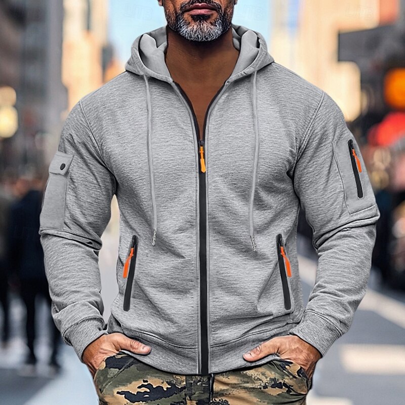 Men's Hoodie Zip Hoodie Sweatshirt Thick Hoodies Tactical Black Navy Blue Khaki Light Grey Dark Gray Hooded Plain Work Sports & Outdoor Casual Streetwear Basic Casual Spring &  Fall Cross-Seasons