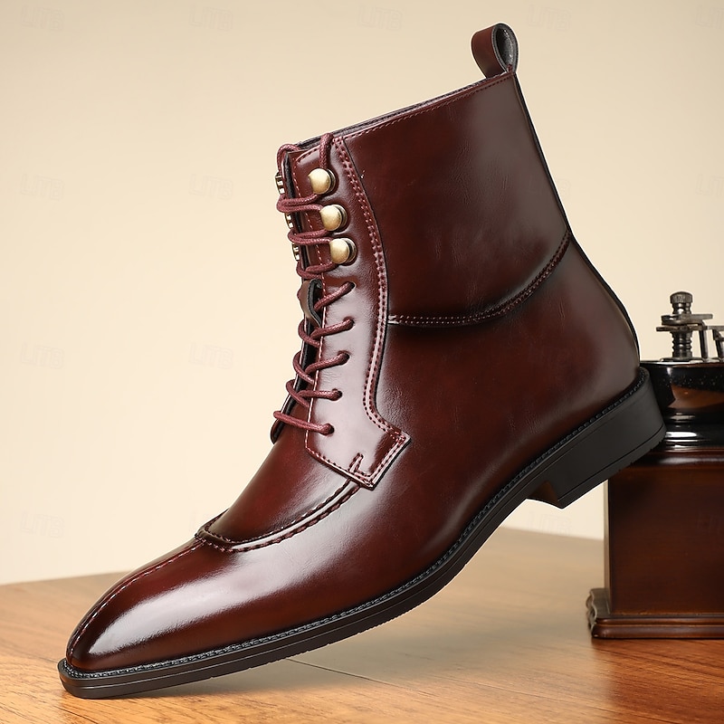 Men's Vintage Brown Faux Leather Ankle Boots - Classic Lace-Up Design with Polished Finish for Formal and Casual Wear4