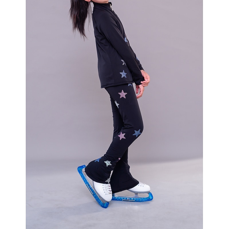 Figure Skating Fleece Jacket Figure Skating Pants Figure Skating Jacket with Pants Women's Girls' Ice Skating Jacket Tights Outfits Black Patchwork Spandex Stretchy Training Practice Professional2