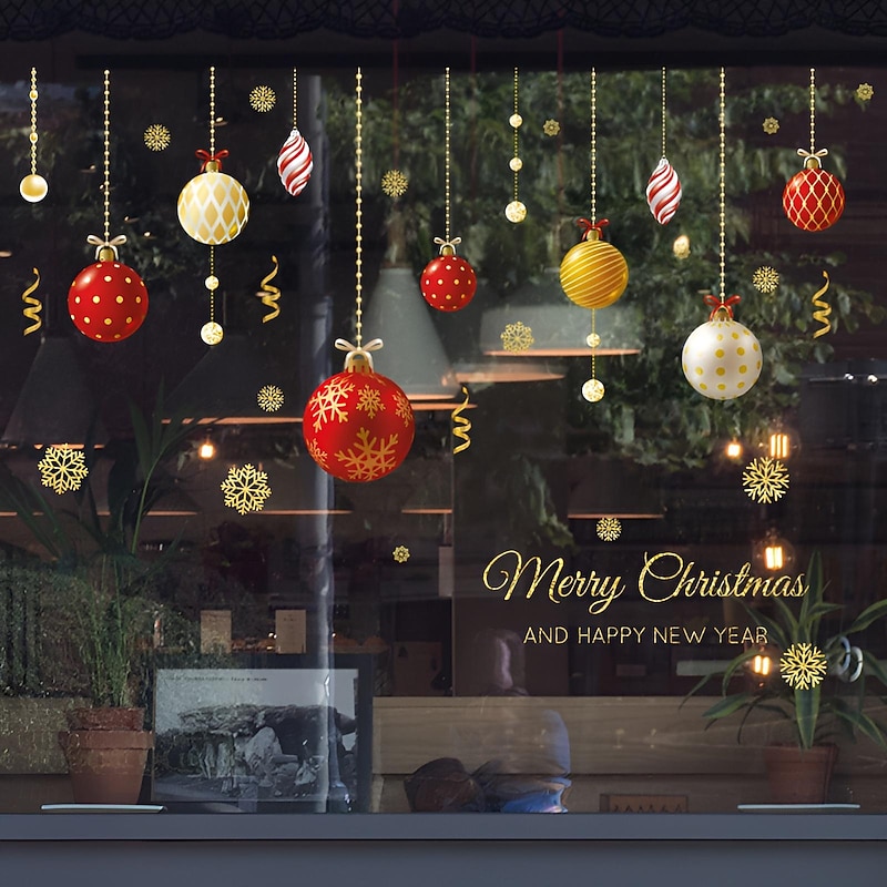 Christmas New Year Theme Wall Stickers Colored Ball Santa Claus Stocking Stickers Shop Glass Window Decoration 70*100cm