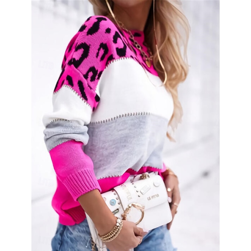 Women's Sweater Pullover Sweater Jumper Casual Soft Leopard Ribbed Crew Neck Knitted Print Long Sleeve Regular Tops Knit Outdoor Daily Weekend Yellow Pink Fall Winter4