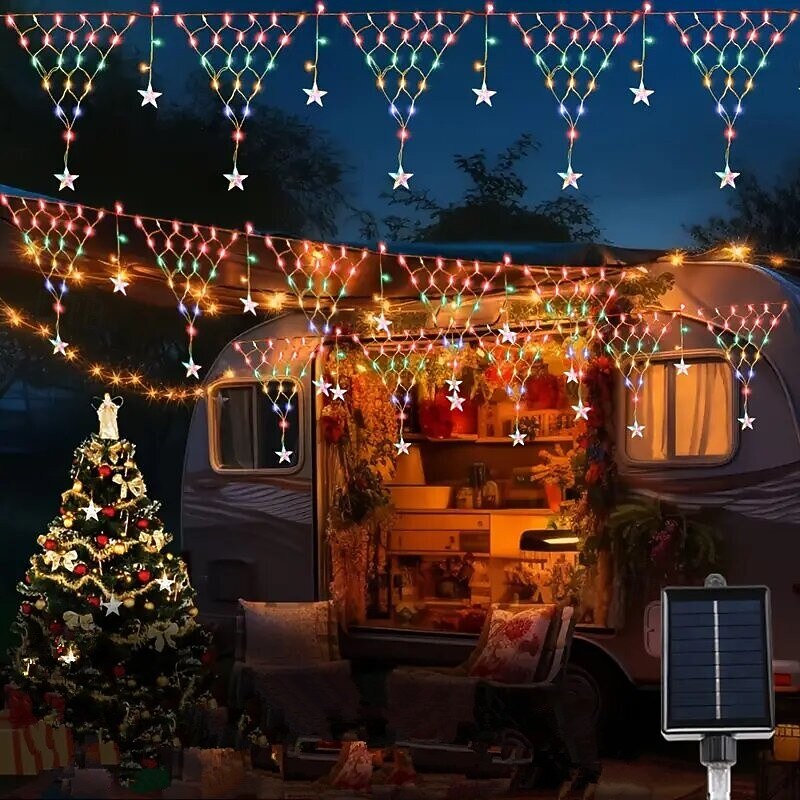 Solar Power Net String Lights with Star Icicles, 8 Lighting Modes Christmas Fairy Lights with Remote Control for ChristmasOutdoor Eaves House Garden & Xmas Party Decoration3