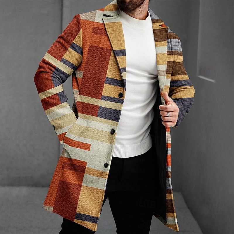 Men's Striped Winter Coat Fleece Jacket Overcoat Thermal Comfortable Business Casual Formal Daily Wear 3D Print Buttons Front Pocket Winter Turndown Long Sleeve Brown
