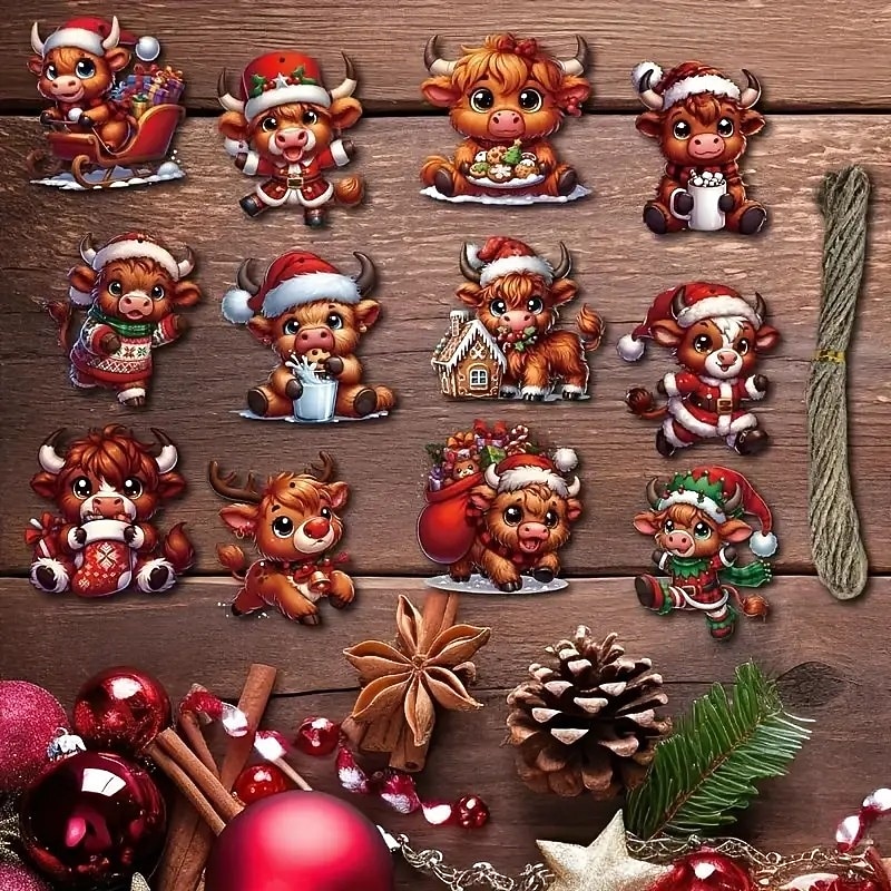 24pcs Christmas Wooden Ornaments, Xmas Tree Pendant Decoration - Vintage Highland Cow Cartoon Holiday Decor - Perfect for Thanksgiving, Halloween, and Themed Tree Hanging2