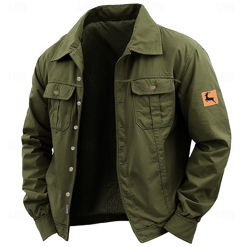 Men's Reindeer Work Shirt Western Shirt Cargo Shirt Long Sleeve Casual Sports & Outdoor Going out Fall Winter Turndown Button-Down Black Army Green Khaki