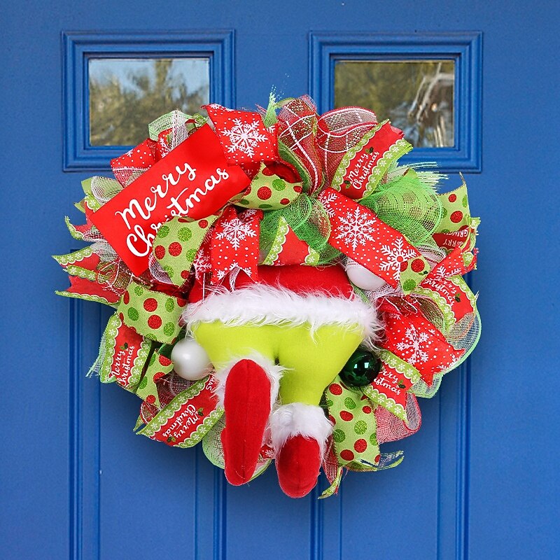 Christmas Wreath Outdoor for Front Door Winter Wreath Window Wall Decoration with Green Furry Legs,Xmas 50x50cm Wall Hanging Decoration, Fun and Whimsical Festive Decor for Holiday Walls and Doors3