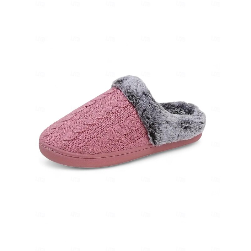 Women's Pink Knit Slippers with Faux Fur Lining – Warm and Cozy Indoor Shoes for Winter Comfort2