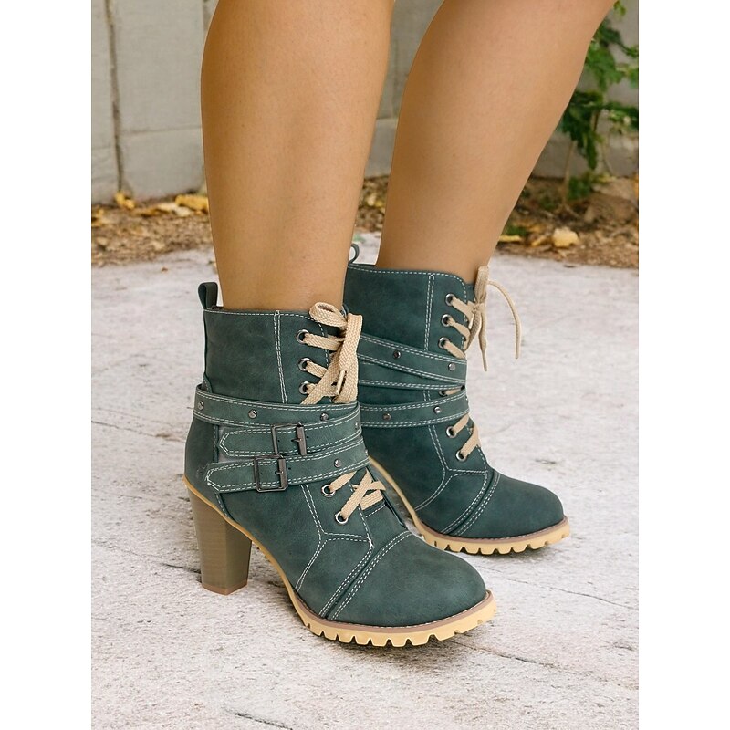 Women's Green Buckle Strap Lace-Up Ankle Boots – Chunky Heels and Rugged Sole for Casual and Fall/Winter Fashion3
