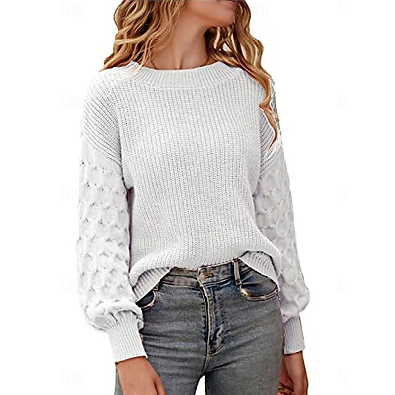 Women's Sweater Pullover Sweater Jumper Casual Soft Pure Color Ribbed Crew Neck Knitted Lantern Sleeve Long Sleeve Regular Tops Knit Outdoor Daily Weekend White Khaki Fall Winter2