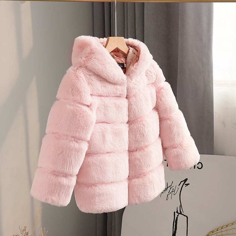Kids Girls' Faux Fur Coat Solid Color Cute School Coat Outerwear 4 years+ Fall White Champagne Pink4