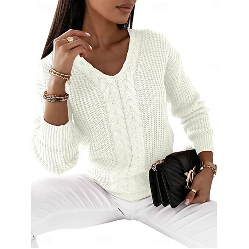 Women's Sweater Pullover Sweater Jumper Casual Soft Pure Color Ribbed V Neck Knitted Long Sleeve Regular Tops Knit Outdoor Daily Weekend White Blue Fall Winter4