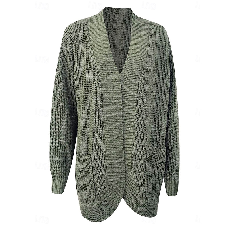 Women's Sweater Cardigan Casual Soft Pure Color Ribbed V Neck Pocket Knitted Long Sleeve Regular Tops Knit Outdoor Daily Weekend Army Green Gray Fall Winter3