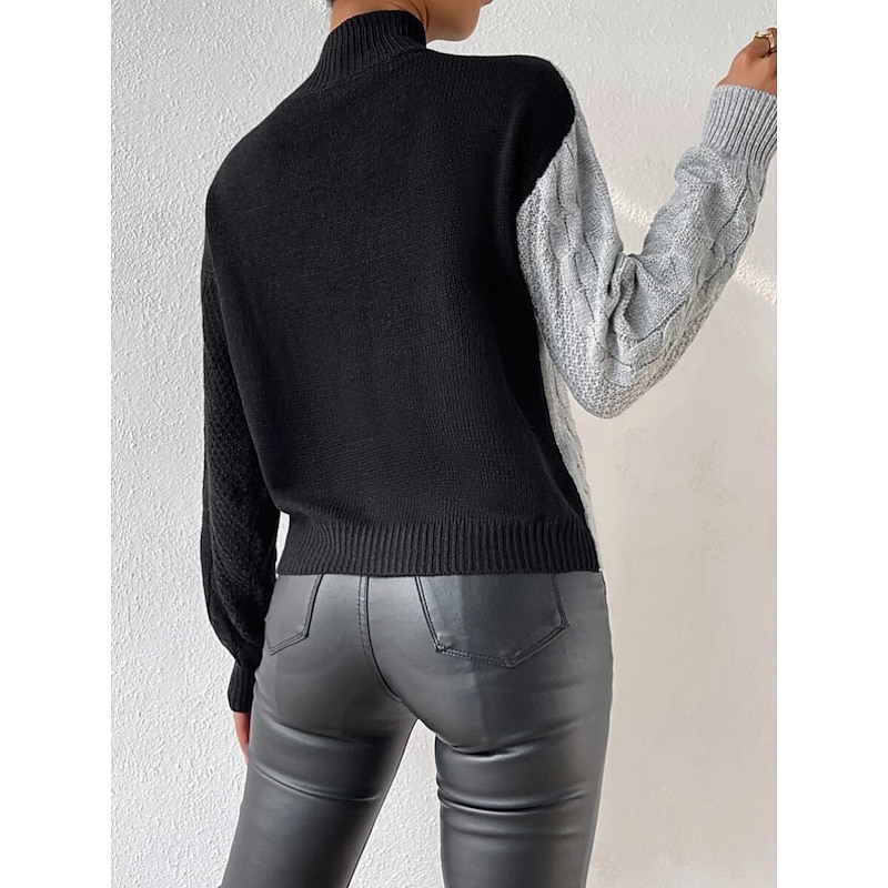 Women's Sweater Elegant Fashion Daily Color Block Mock Neck Knitted Long Sleeve Regular Tops Knit Work Black Fall Winter2